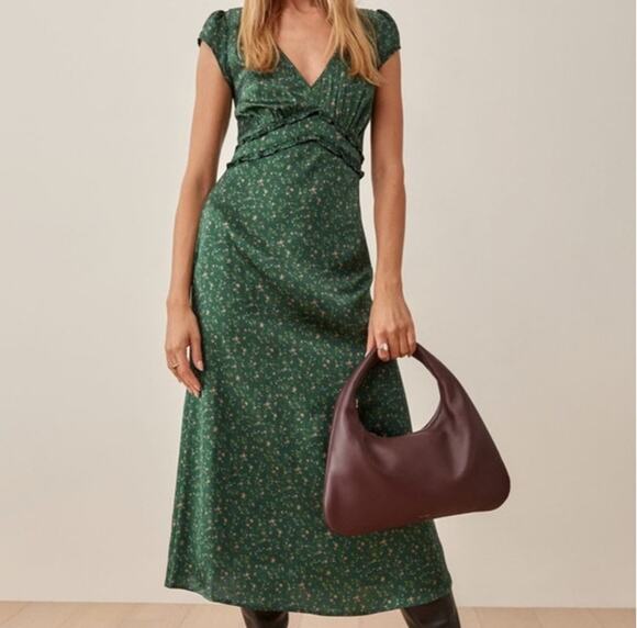Reformation Dresses & Skirts - Reformation Kaye Silk Green Floral Dress Size 8
